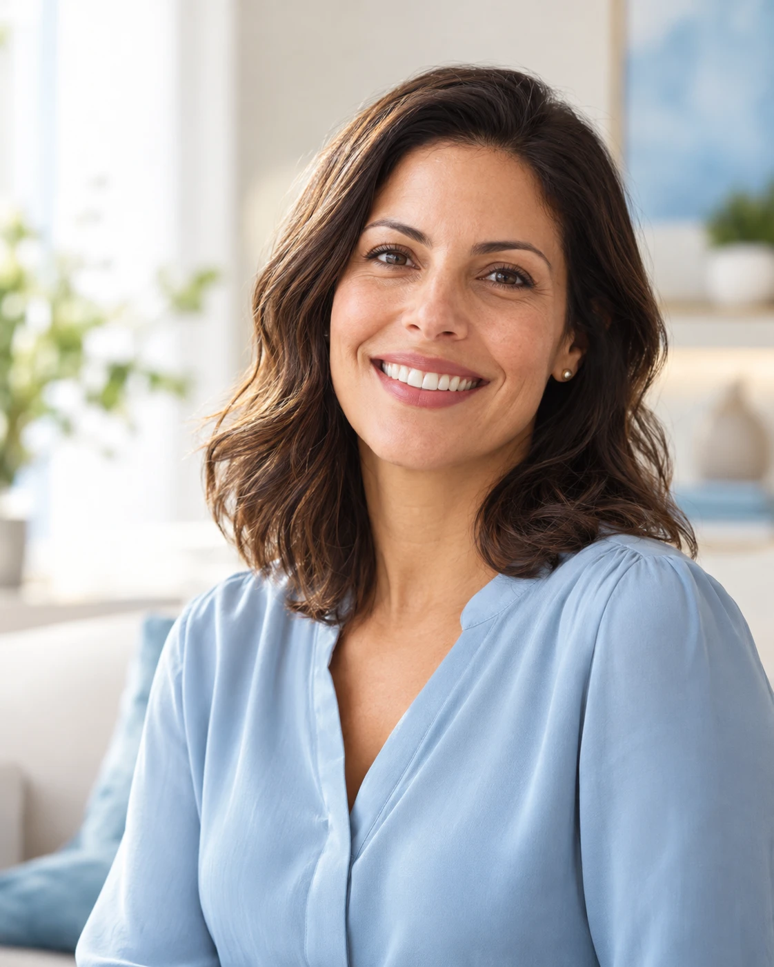 Mulher sorrindo em um ambiente acolhedor — imagem ilustrativa